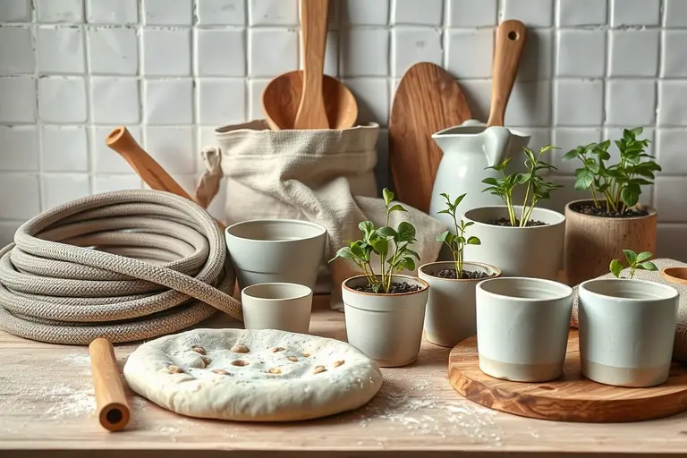 Schmale Küchenarbeitsfläche mit Teigschüssel, kleiner Brotbackform und Mehlresten beim Brotbacken in einer Stadtwohnung