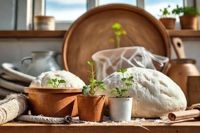 Teig für ein Brot reift abgedeckt in einer Schüssel neben einem runden Gärkorb auf einer schmalen Küchenarbeitsplatte