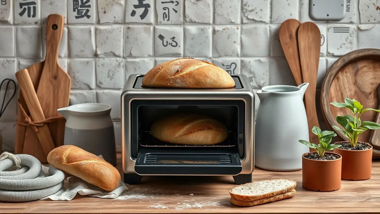 Kleines rundes Brot in einer Backform steht vor einem geöffneten Mini-Backofen auf einer schmalen Küchenarbeitsplatte