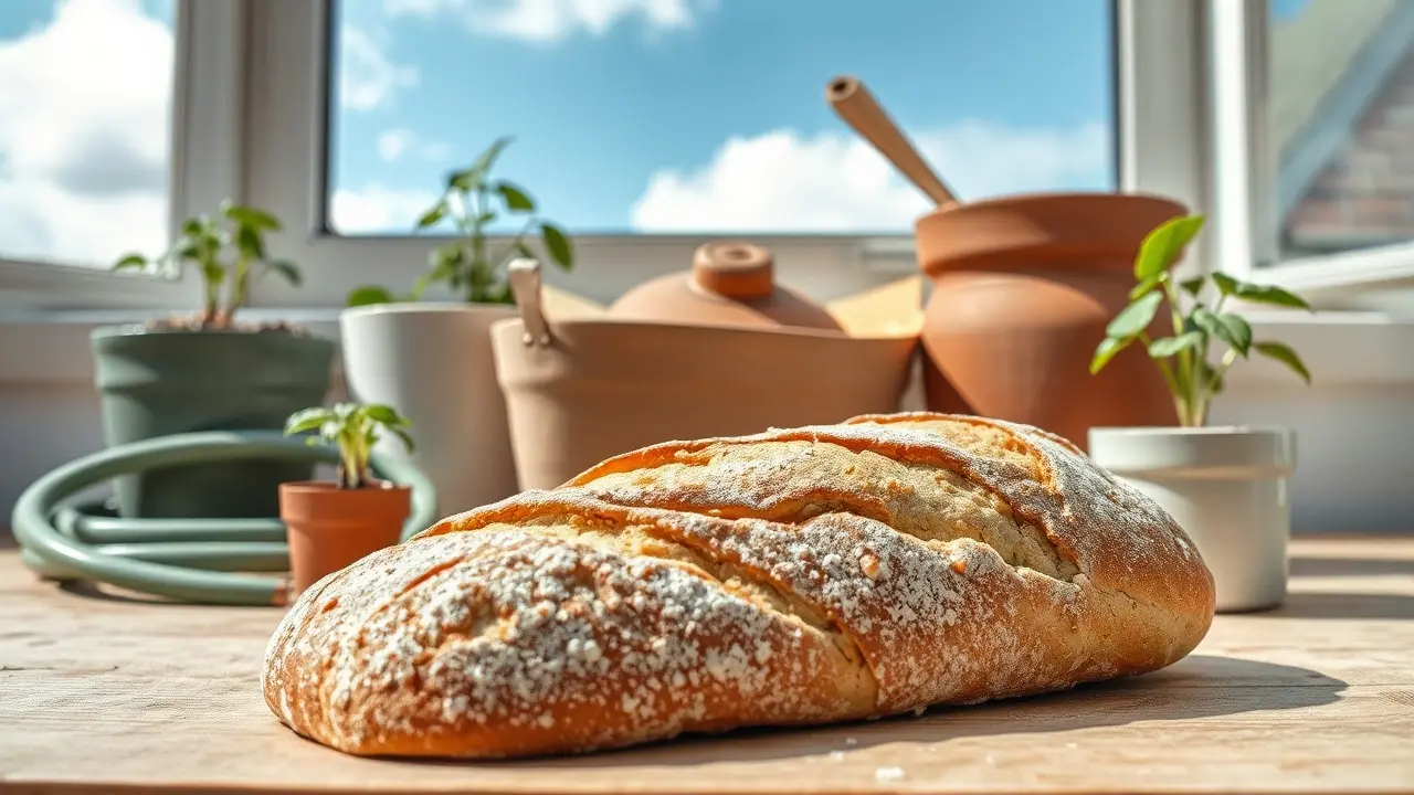 Rundes No-Knead-Brot mit kräftig ausgebackener Kruste auf einem hellen Küchentuch neben einem Gusseisentopf