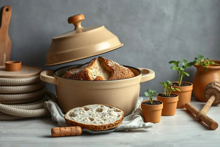 Frisch gebackenes Topfbrot mit kräftiger Kruste steht in einem gusseisernen Topf auf einer schmalen Küchenarbeitsfläche