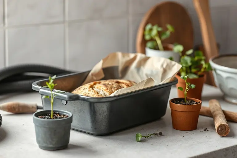 Kleine Silikon-Brotbackformen und ein Gusseisentopf mit Deckel stehen nebeneinander auf einer schmalen Küchenarbeitsplatte