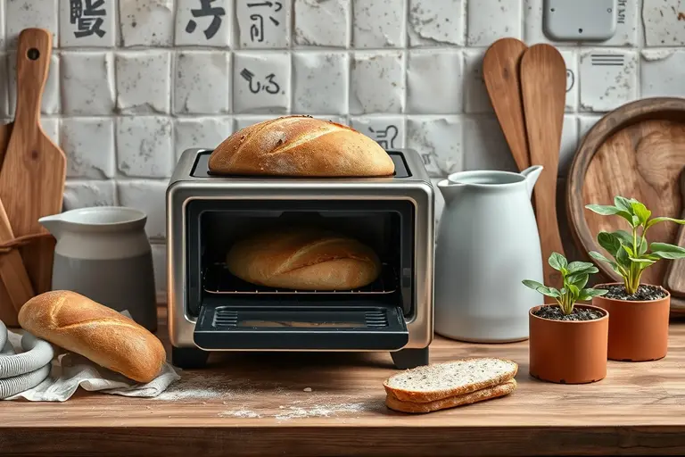 Kleines rundes Brot in einer Backform steht vor einem geöffneten Mini-Backofen auf einer schmalen Küchenarbeitsplatte