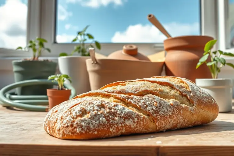 Rundes No-Knead-Brot mit kräftig ausgebackener Kruste auf einem hellen Küchentuch neben einem Gusseisentopf