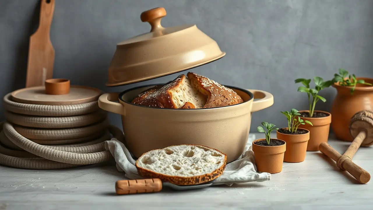 Frisch gebackenes Topfbrot mit kräftiger Kruste steht in einem gusseisernen Topf auf einer schmalen Küchenarbeitsfläche
