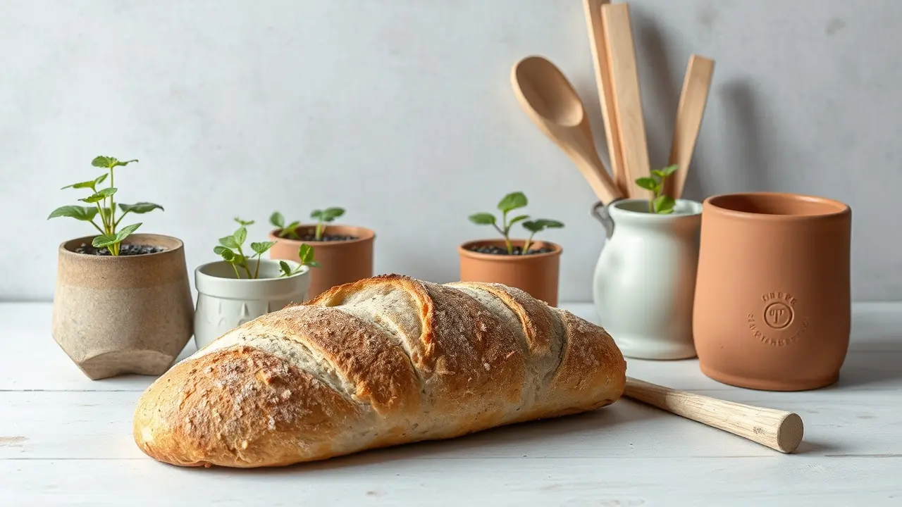 Ein rundes, selbst gebackenes Brot mit aufgerissener Kruste liegt auf einem Holzbrett in einer schmalen Küche