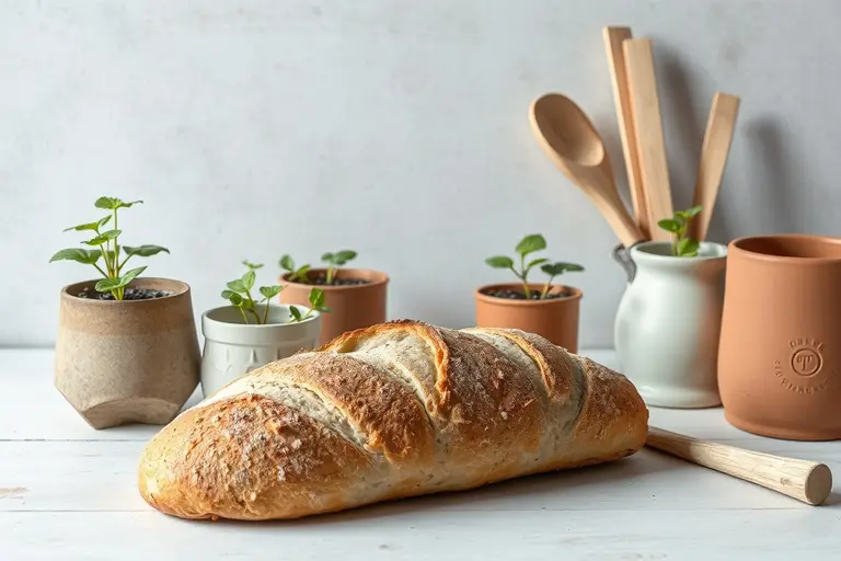 Ein rundes, selbst gebackenes Brot mit aufgerissener Kruste liegt auf einem Holzbrett in einer schmalen Küche