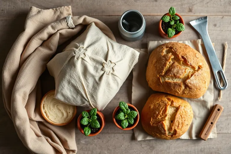 Kleine Brotbackform, Teigschaber und Küchenwaage stehen als Backgeräte und Helfer auf einer schmalen Arbeitsfläche